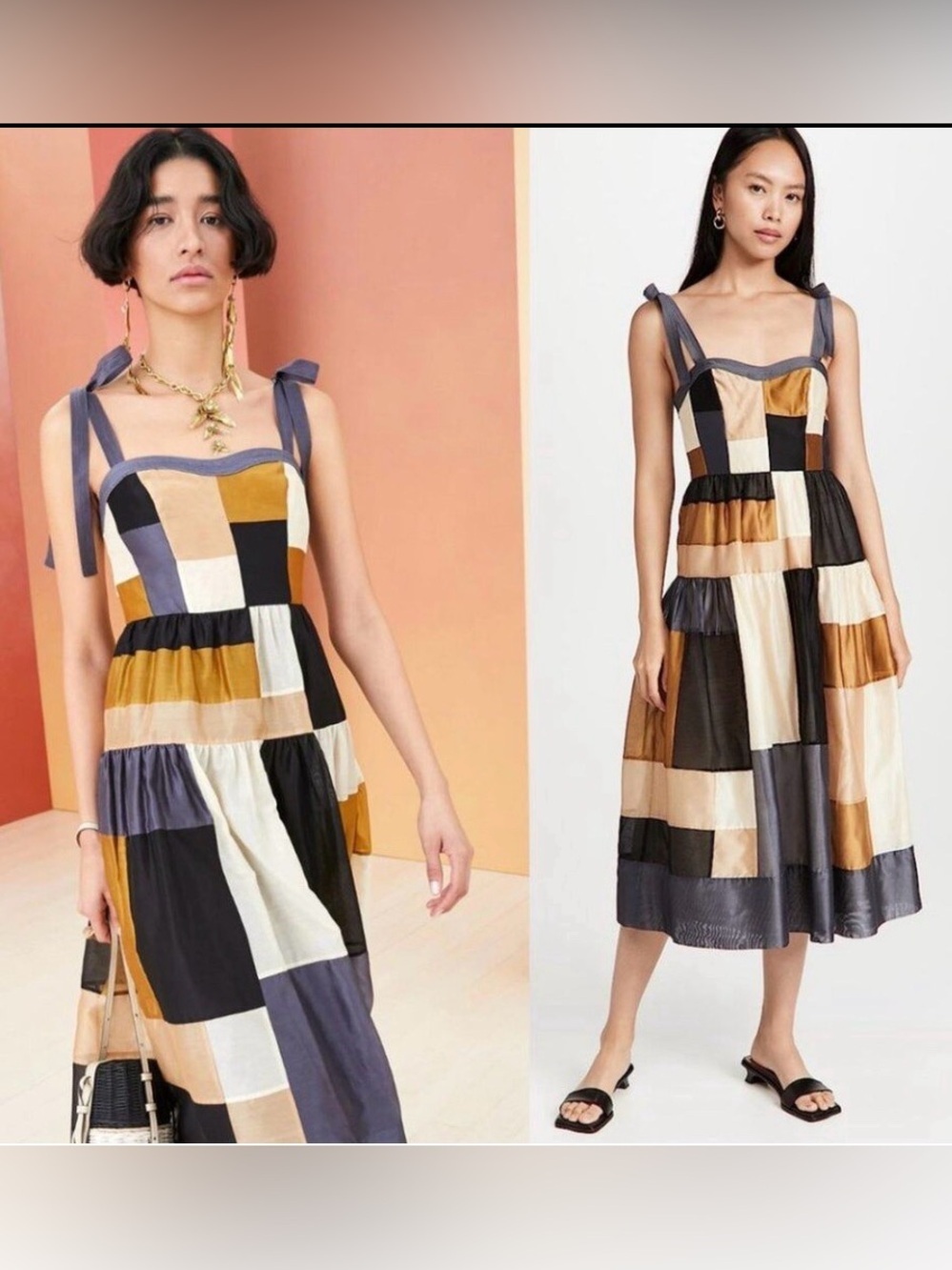 Ulla Johnson Minerva Midi Dress Women 6 Silk Blend Patchwork Neutral Colorblock